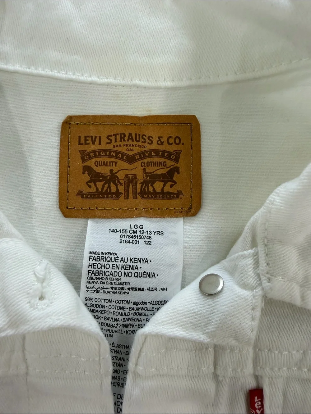Levi's Girls White Denim Trucker Jacket Size L (12/13) Jean Coat Button Up